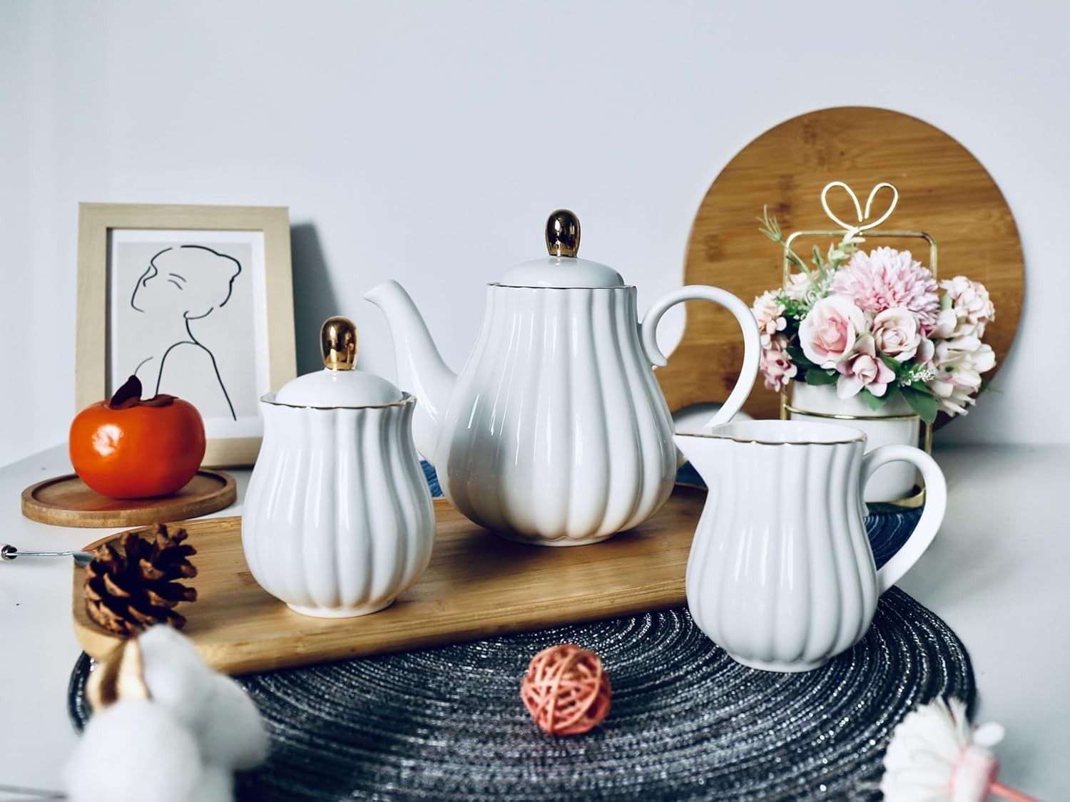 Porcelain Tea Set Teapot Milk Jug Sugar Bowl White Coffee Tea Set