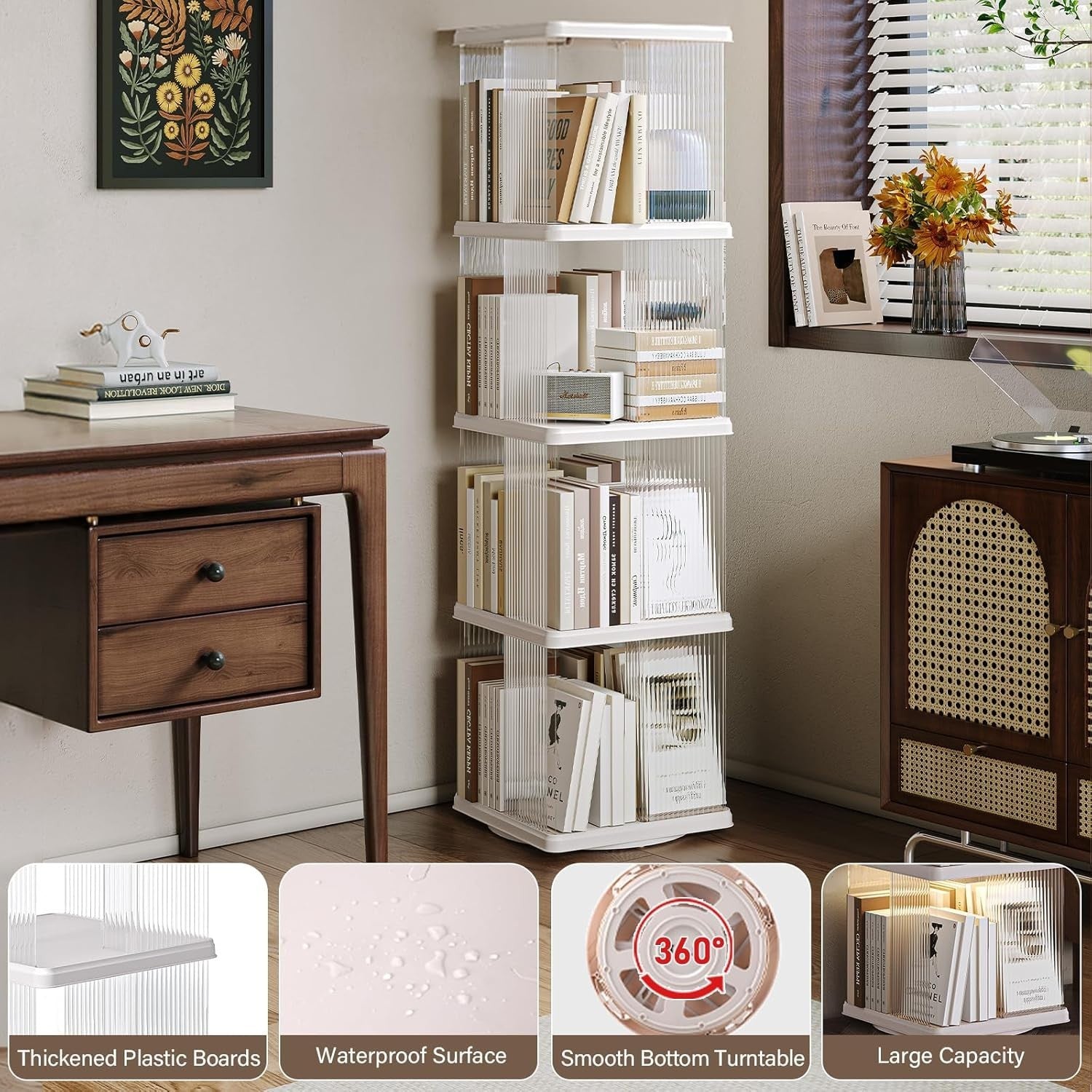360° Rotating Plastic Bookshelf 4-Tier Floor Standing Corner Shelf White