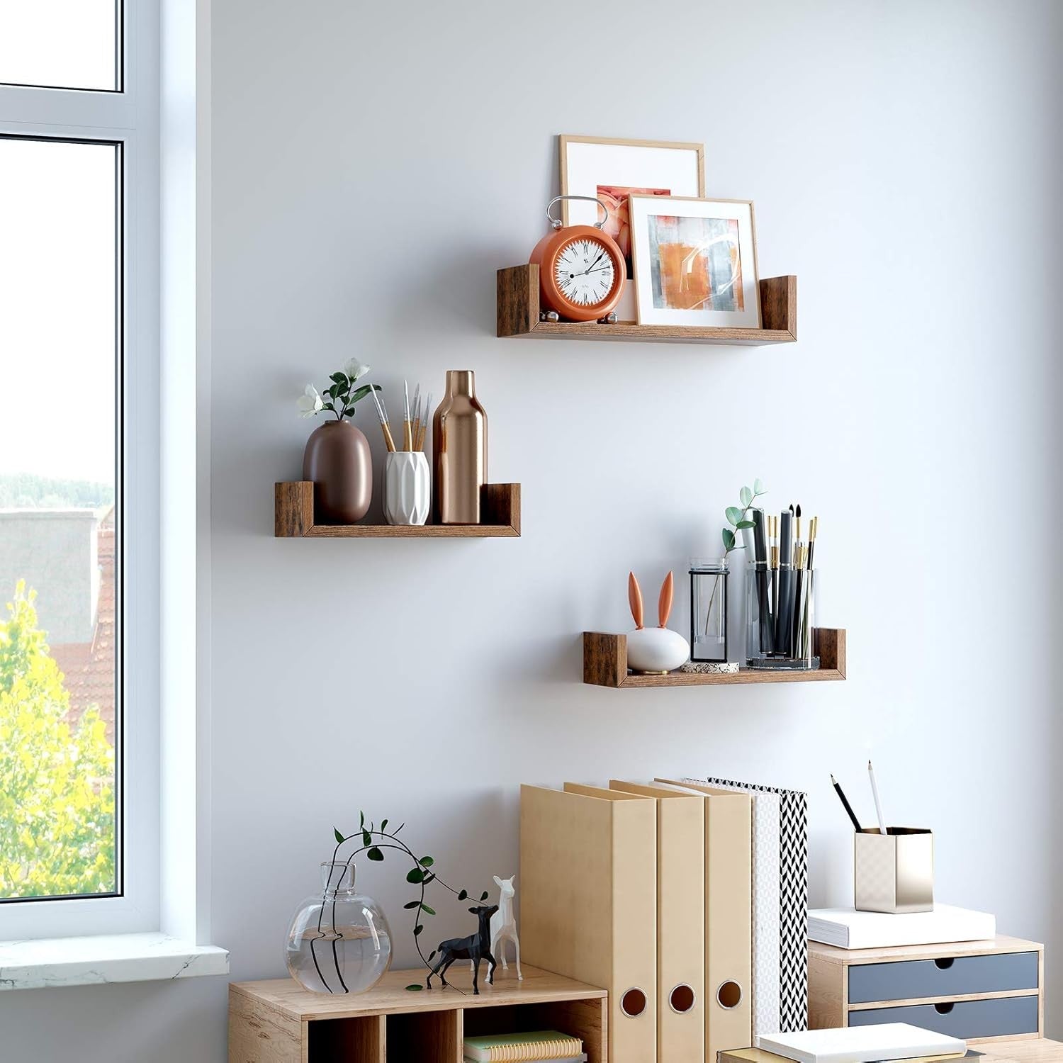 Rustic U-Shaped Floating Wall Shelves Set of 3 – Storage Display Rack