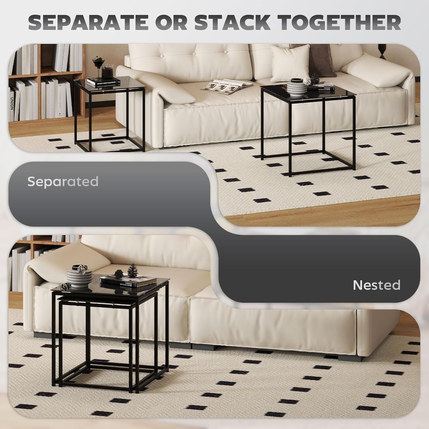 Nesting Coffee Table Set of 2 Black Tempered Glass Side End Tables Max 30KG