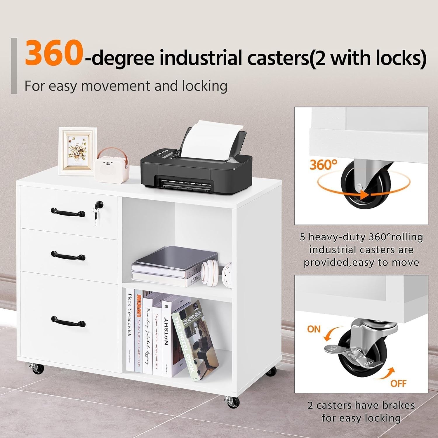 White Mobile Filing Cabinet with Drawers and Shelves Office Storage Unit