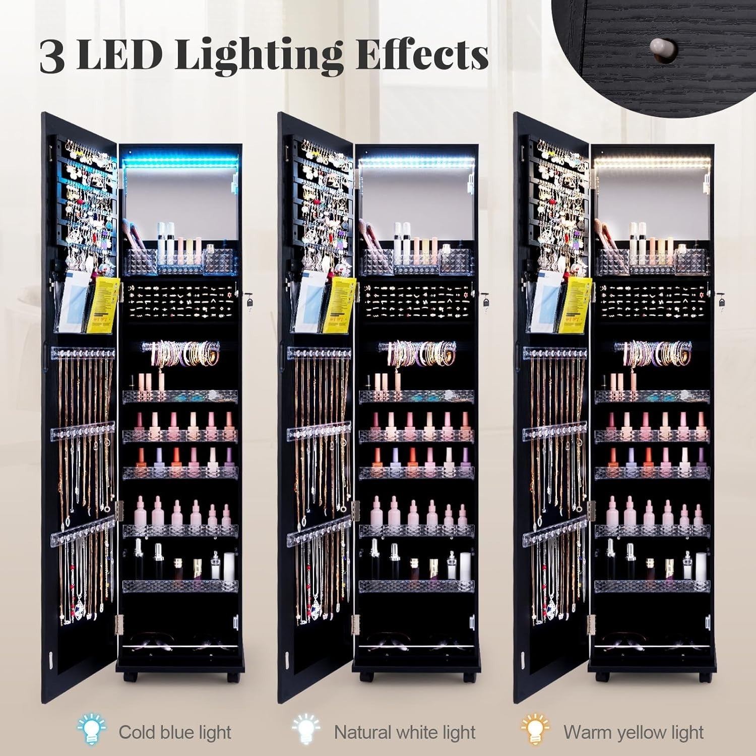 Black LED Jewelry Cabinet Mirror Lockable Rolling Storage Organizer