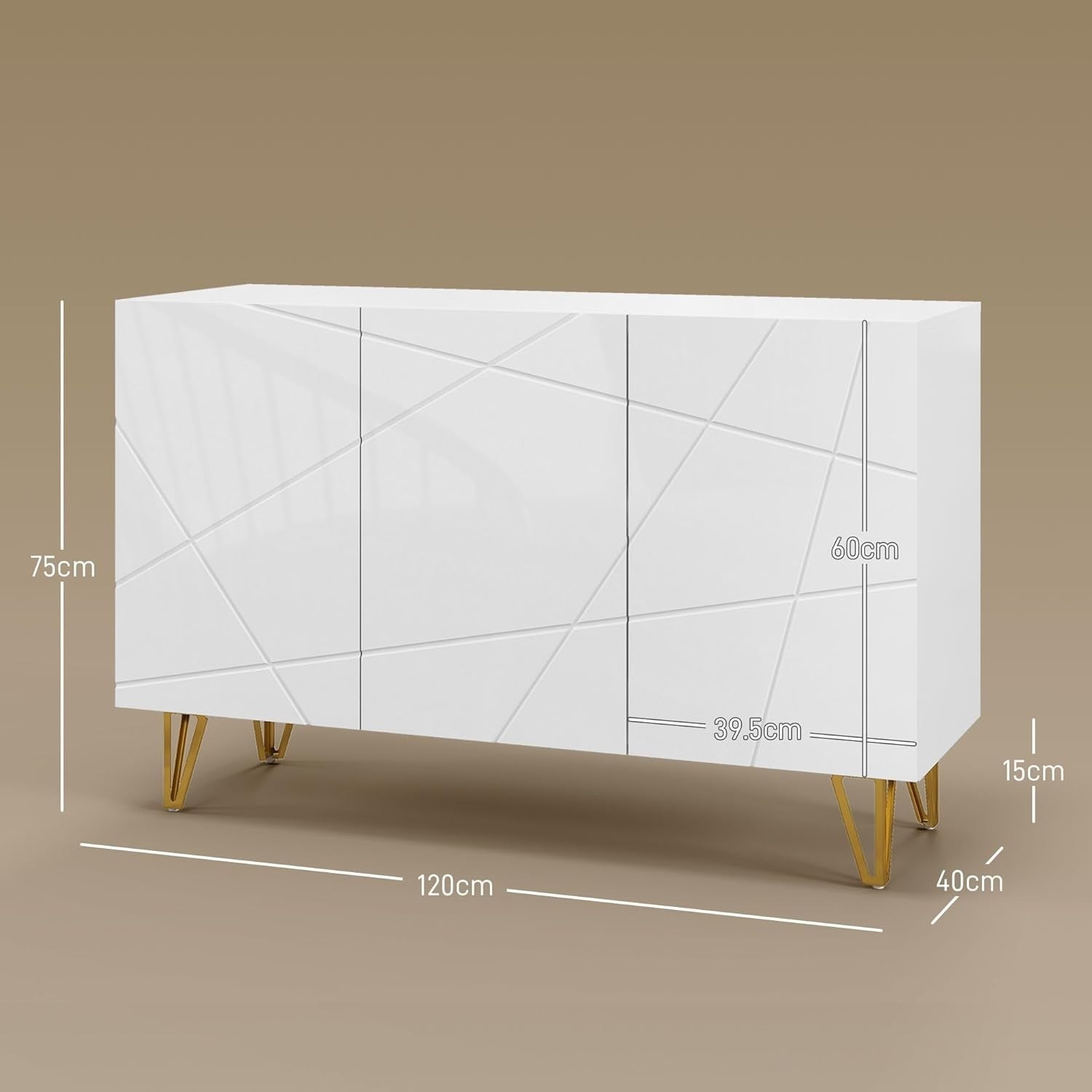 High Gloss Sideboard Cabinet White Gold Legs Modern Storage Unit 120cm