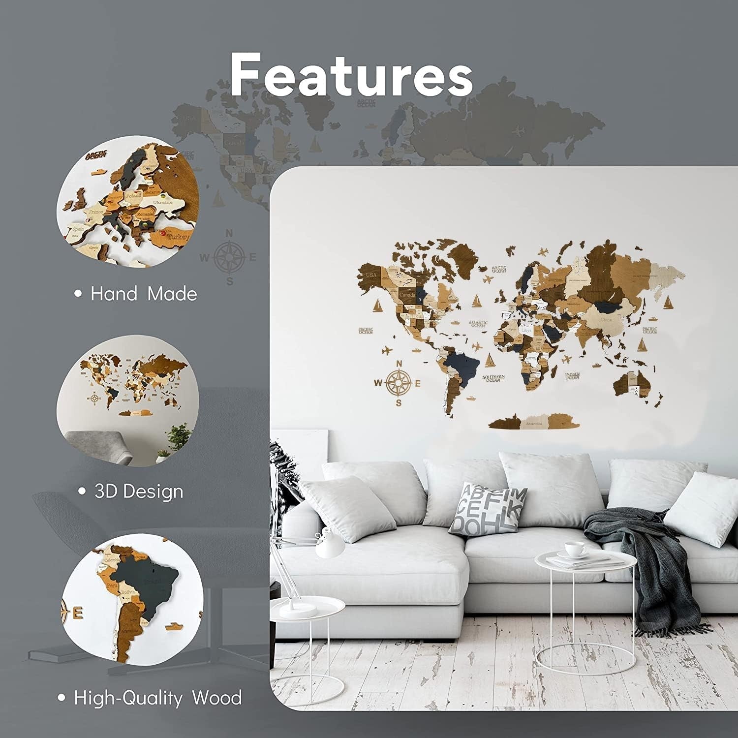 XL 3D Wooden World Map Wall Art Coffee Travel Decor 213x113cm