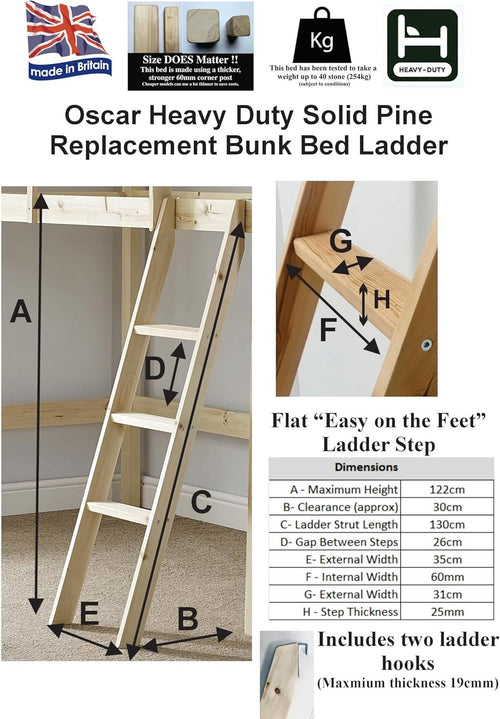 Solid Pine Bunk Bed Ladder Slanted Hook Over Wooden Ladder