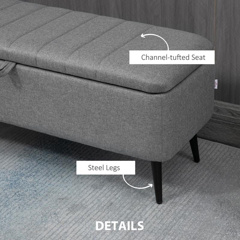 Grey Storage Ottoman Bench Flip Top Upholstered Seat Linen Fabric 102cm