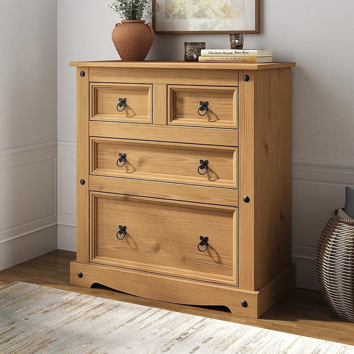 Solid Pine Wood Chest of Drawers 4-Drawer Storage Cabinet Rustic Bedroom