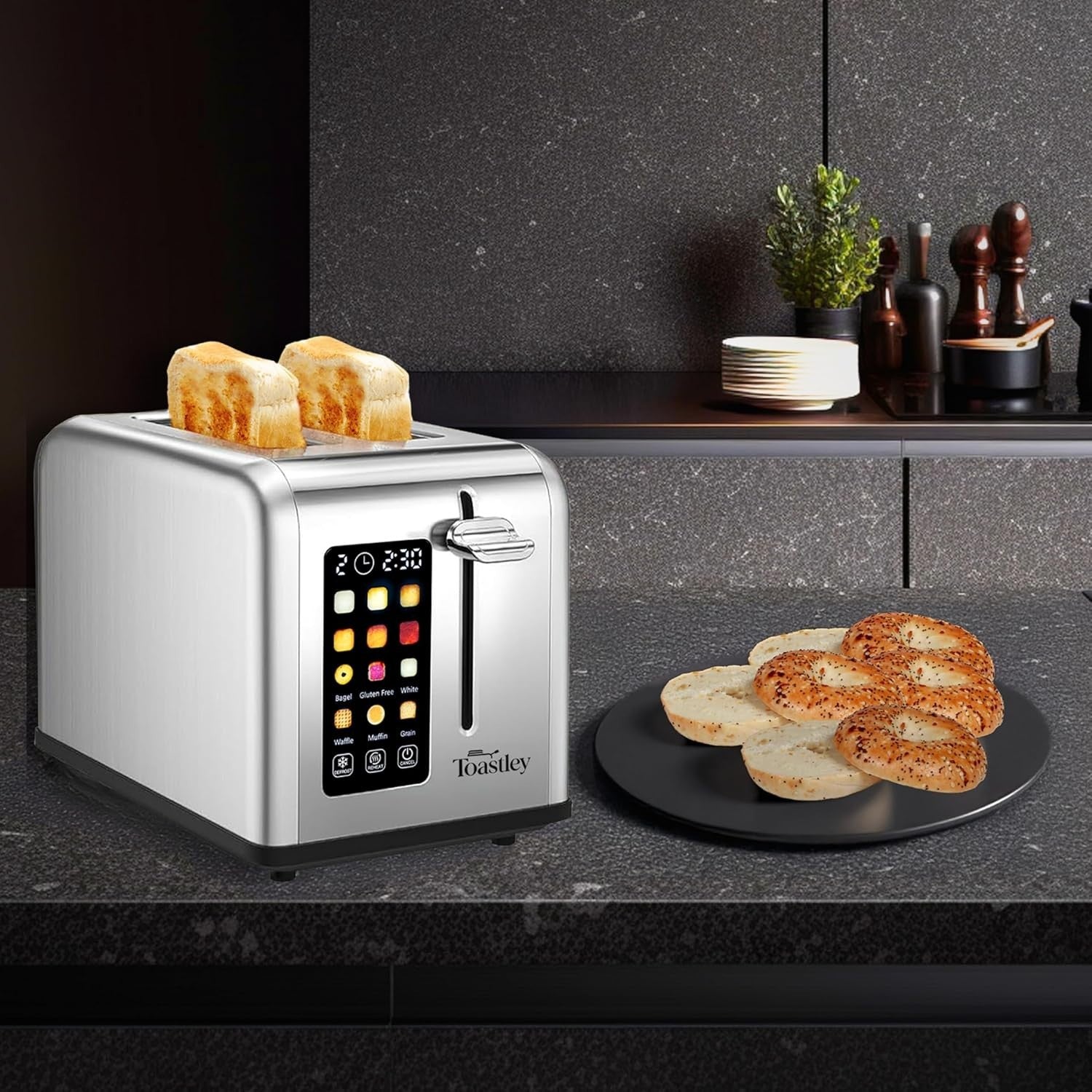 Smart Touchscreen Toaster 2 Slice Wide Slot Timer Reheat Defrost Auto-Off
