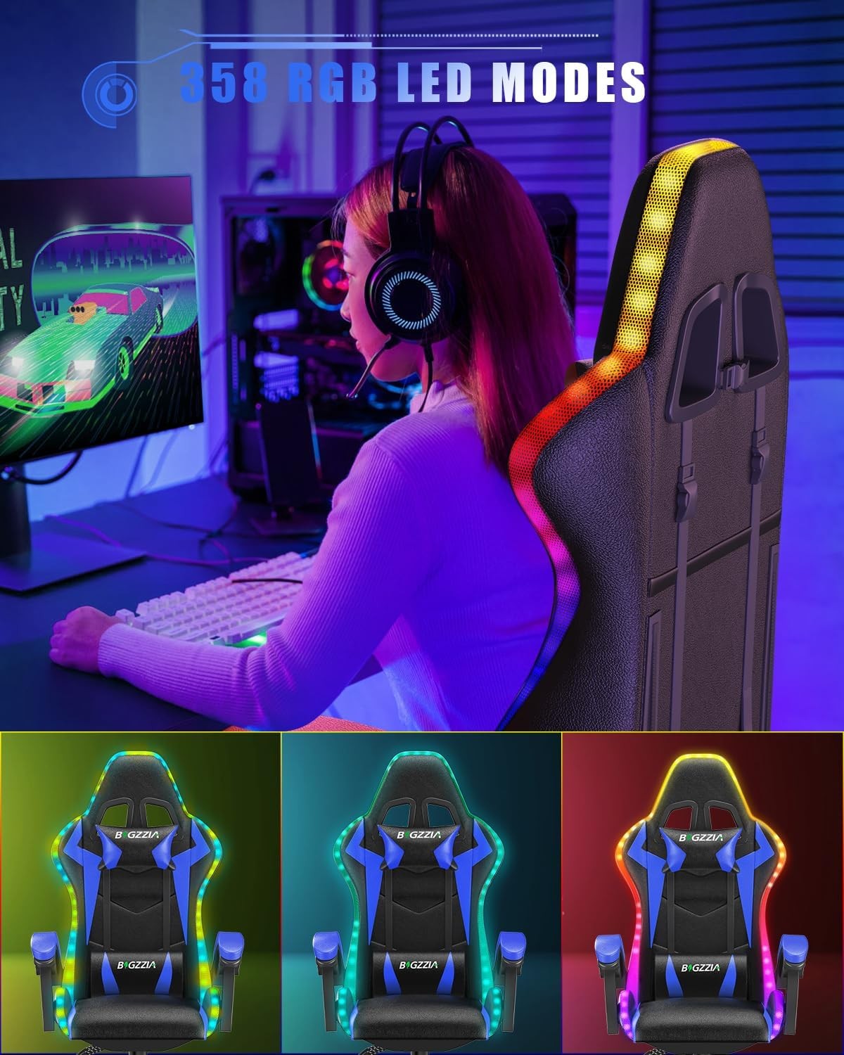RGB Gaming Chair Recliner Leather w/ Lumbar