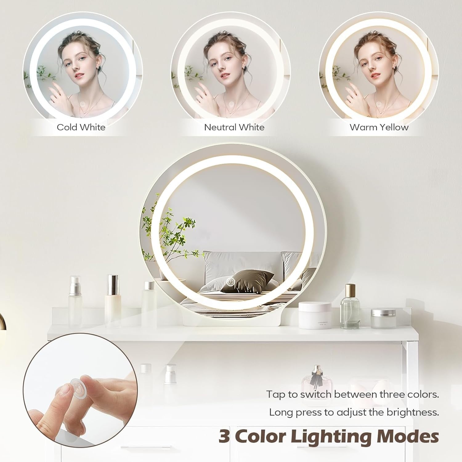 European Makeup Vanity Desk Lighted Mirror LED 3 Color 4 Drawers Storage Shelf
