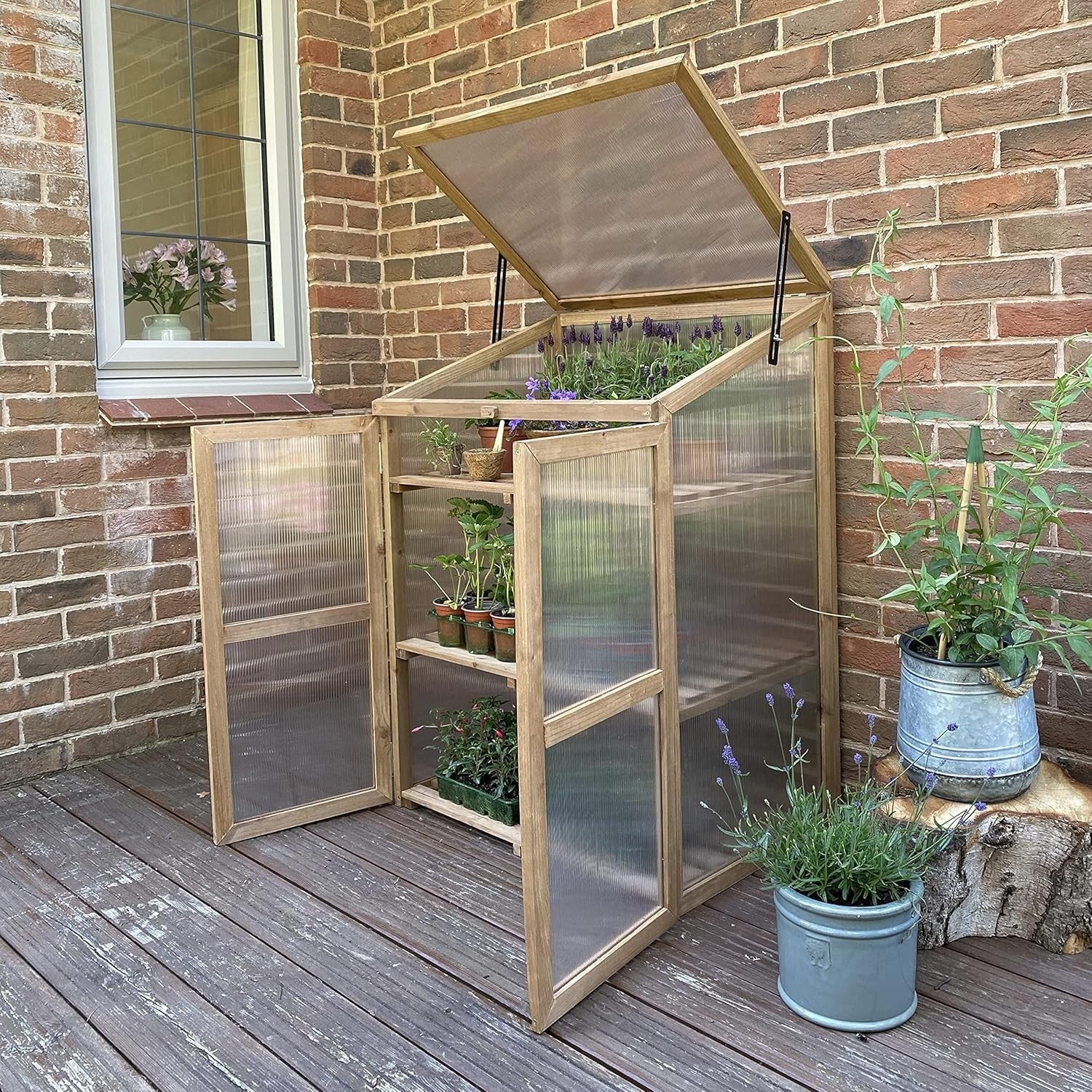 Wooden Framed Mini Greenhouse with Polycarbonate Panels & Double Doors