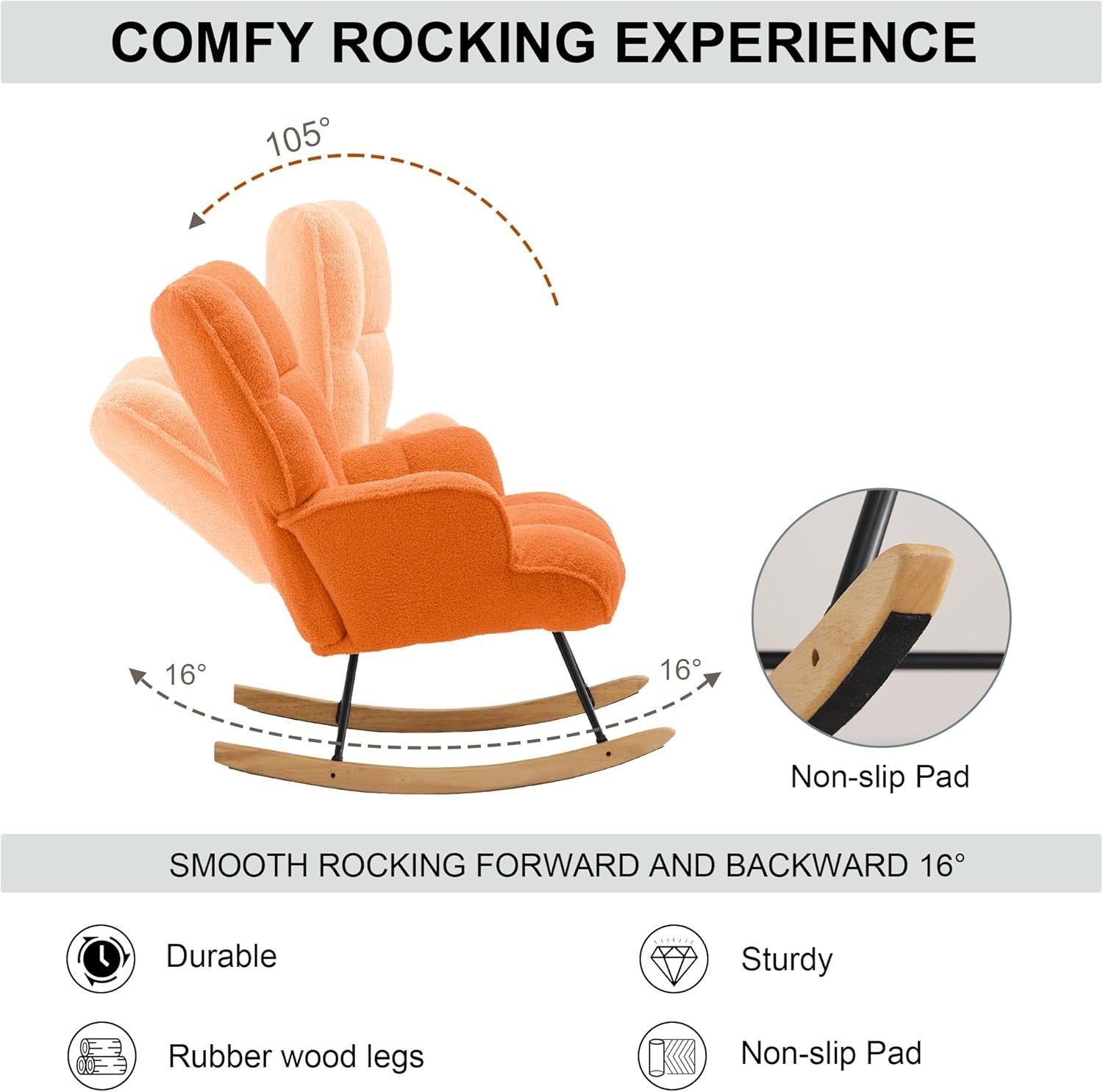 Rocking Chair Nursery Glider Comfy Armchair High Back Padded Seat Orange Teddy