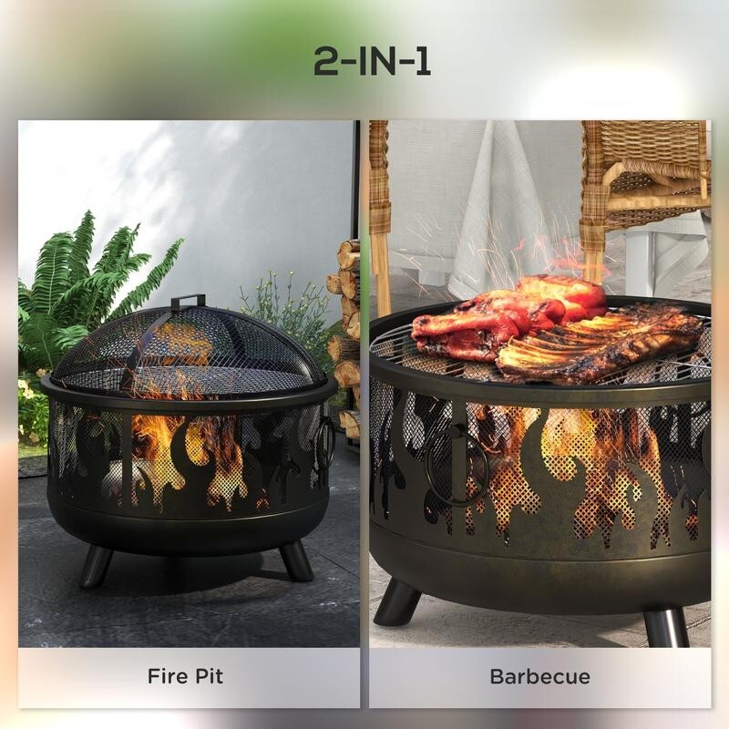 Large Steel Fire Pit BBQ with Mesh Lid & Poker – Safe Outdoor Heating