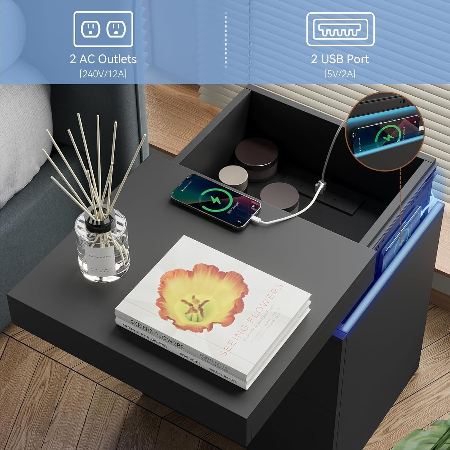 Set of 2 Modern LED Bedside Tables with USB Charging | Black 2 Drawer Nightstand