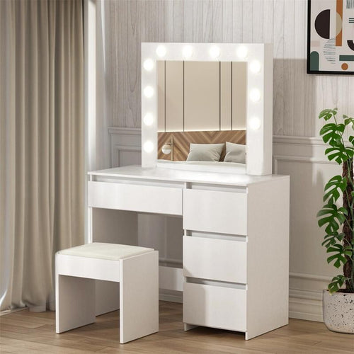 White LED Vanity Dressing Table with Mirror & Stool Makeup Desk MDF