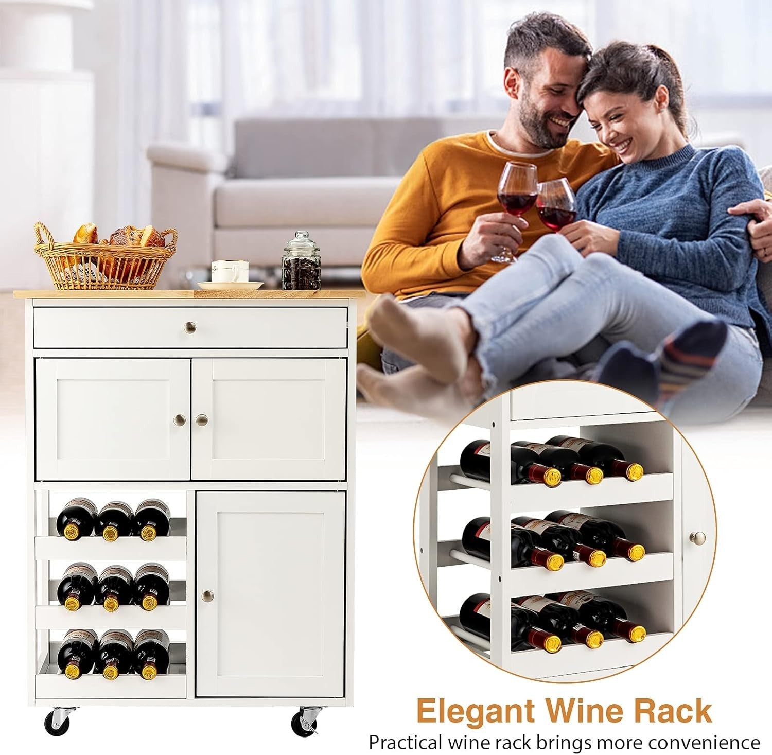 Rolling Kitchen Serving Trolley Cart with Drawer, Wine Rack & Cabinets, White