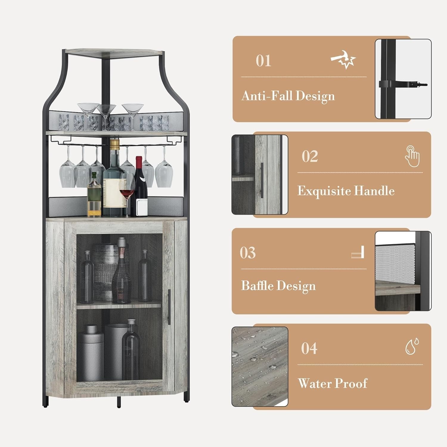 Corner Wine Cabinet with Glass Door & Removable Rack, Industrial Bar
