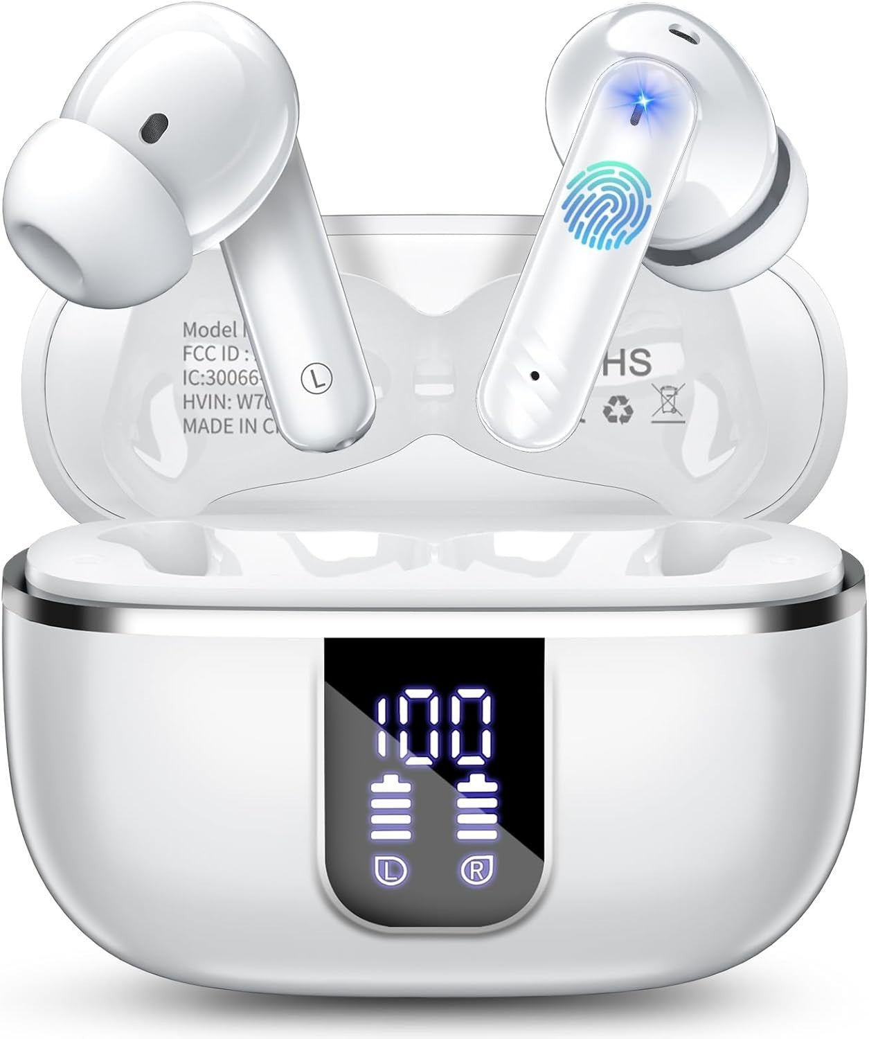 Wireless Bluetooth 5.4 Earbuds 46H ENC Noise Cancel Waterproof Earphones White