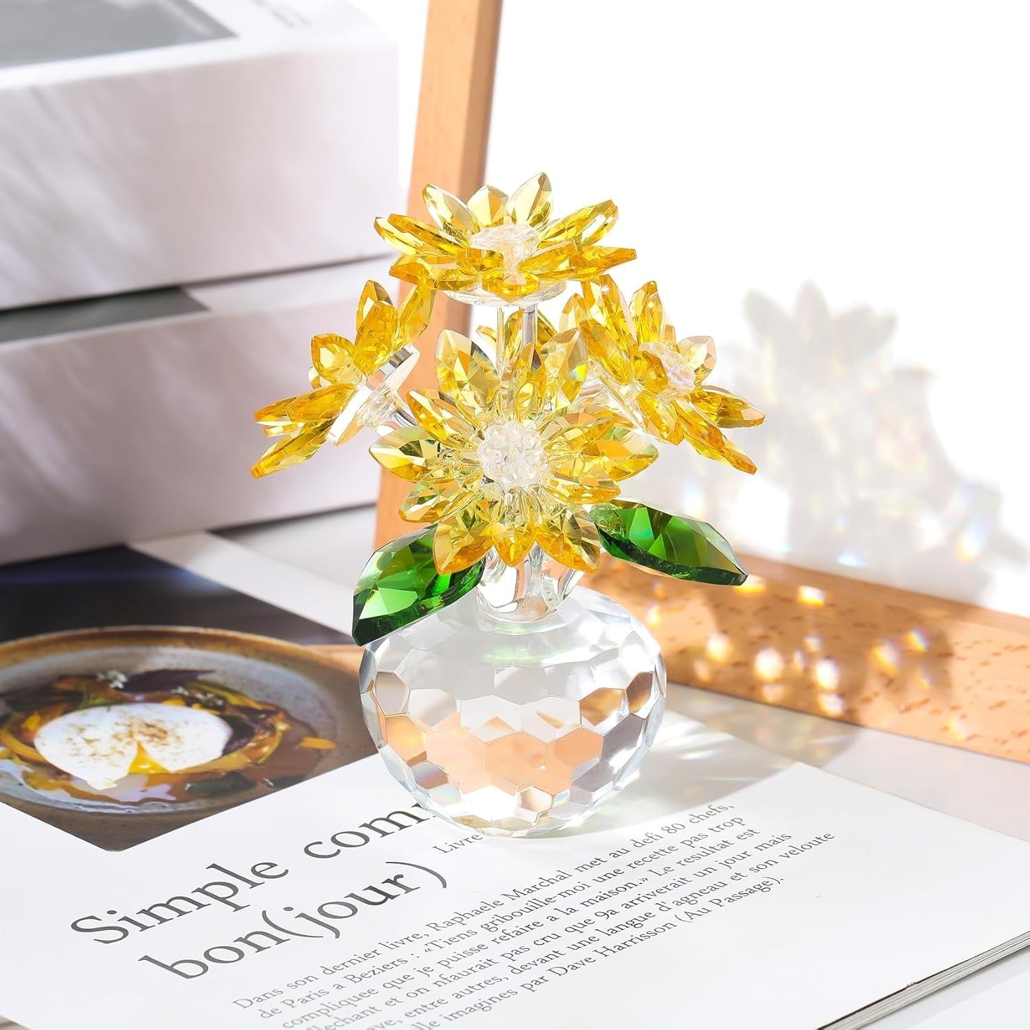 Yellow Crystal Daisy Bouquet Ornament 10cm Glass Flower Collectible Gift Decor