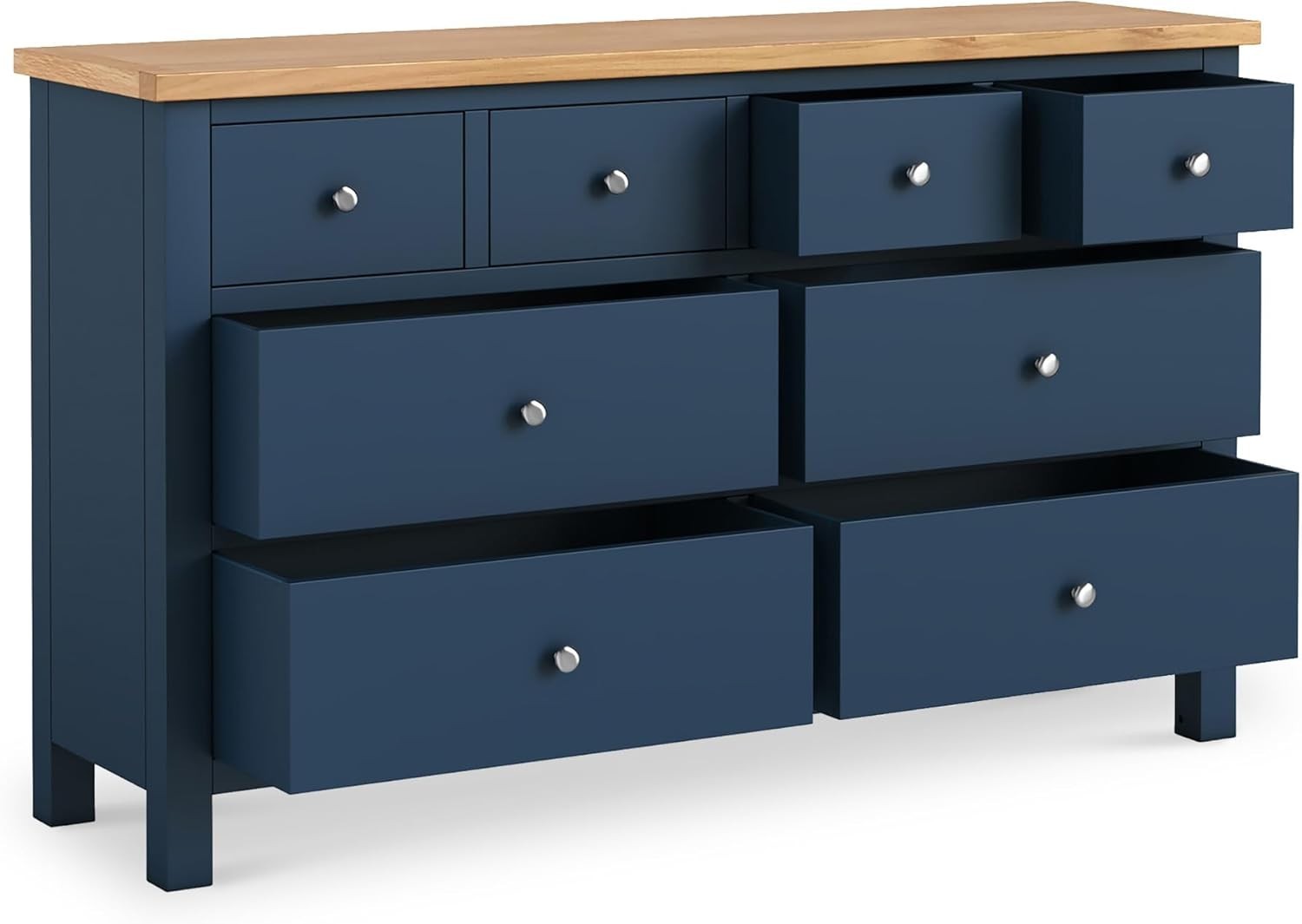 Navy Blue 8 Drawer Chest with Oak Top – Large Solid Wood Bedroom Storage