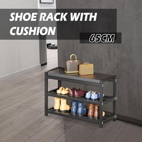 3 Tier Shoe Rack Bench with Cushion Seat Carbon Steel Entryway Storage 65cm