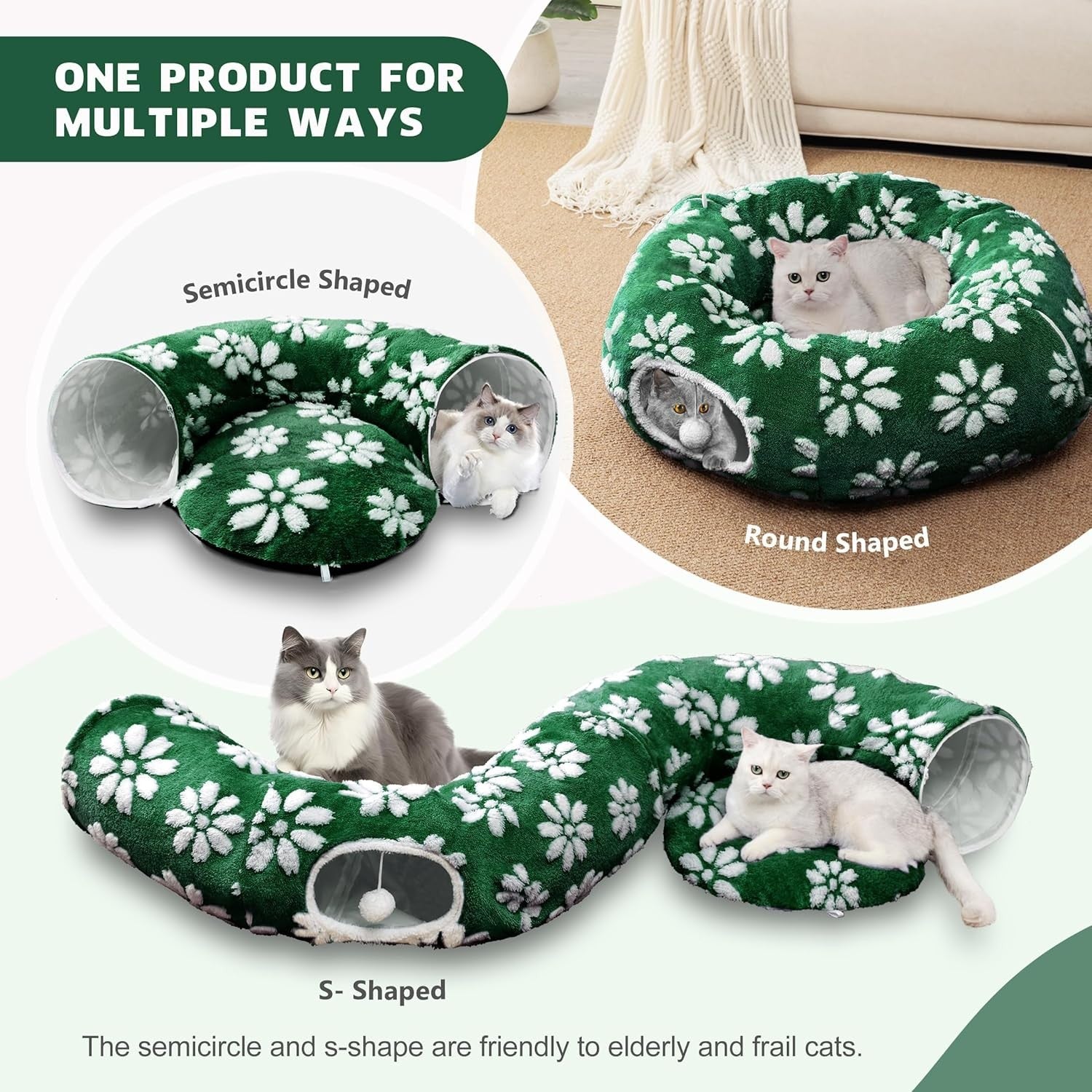 Cat Donut Tunnel Bed Peekaboo Cave w Cushion & Hanging Ball Green