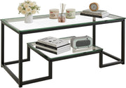 Modern Glass Coffee Table with Shelf – Black Metal Frame 2-Tier 100cm