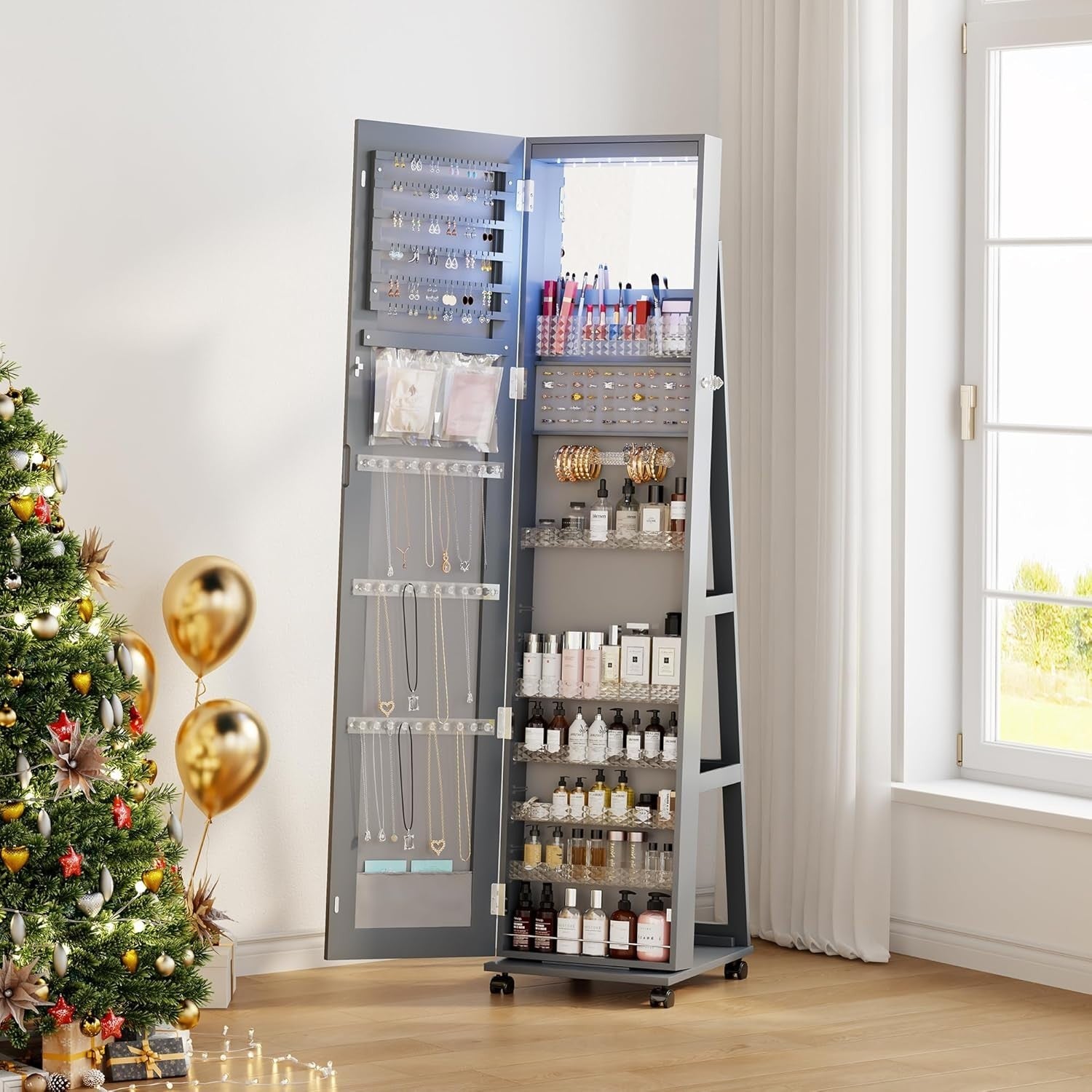 Gray 360° Swivel Jewellery Cabinet Lockable Full Length Mirror Storage