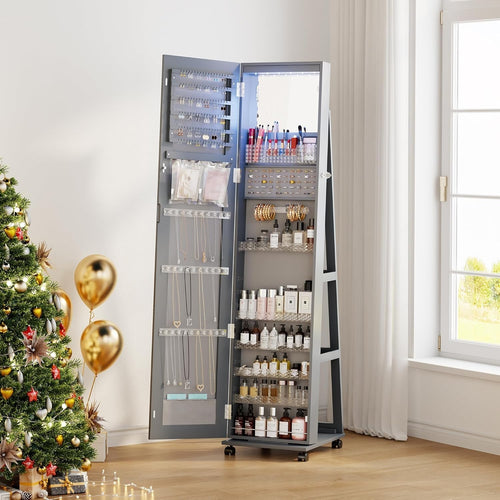 Gray 360° Swivel Jewellery Cabinet Lockable Full Length Mirror Storage