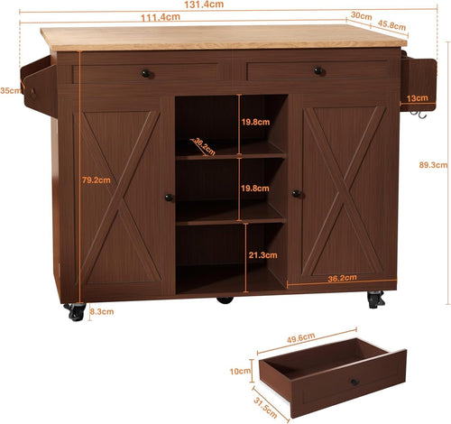 Brown Kitchen Island Cart with Drop Leaf & Storage – Mobile Rubberwood Trolley