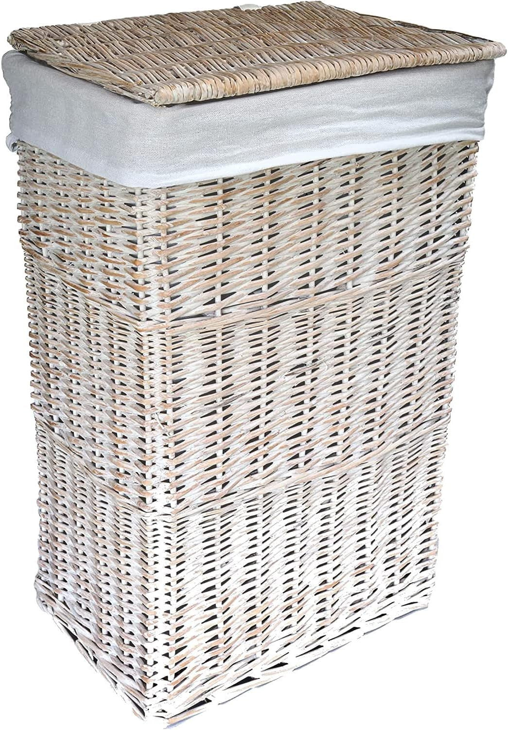 Large White Wicker Laundry Basket with Lid & Washable Liner – Elegant Hamper