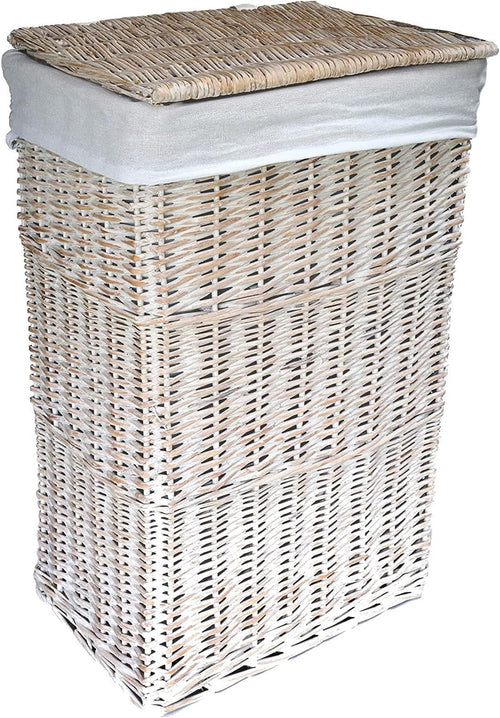 Large White Wicker Laundry Basket with Lid & Washable Liner – Elegant Hamper