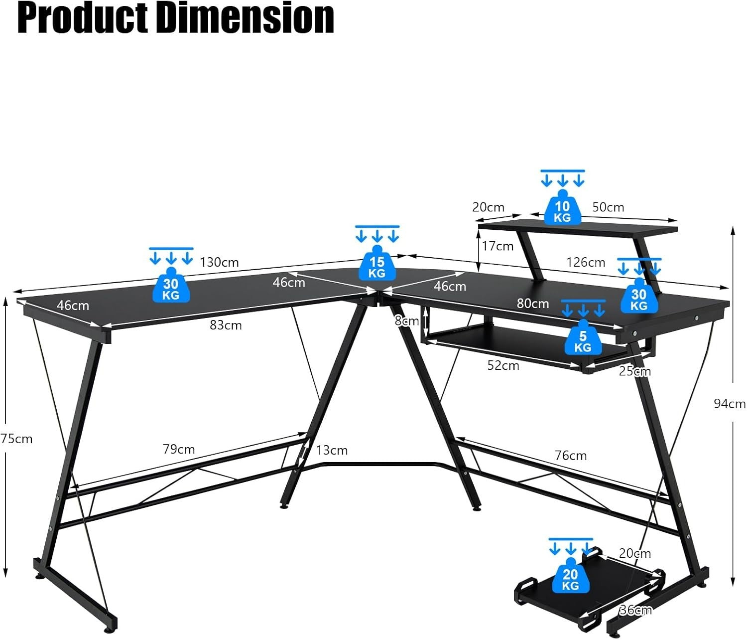 Black L-Shaped Computer Desk with Keyboard Tray & Monitor Shelf