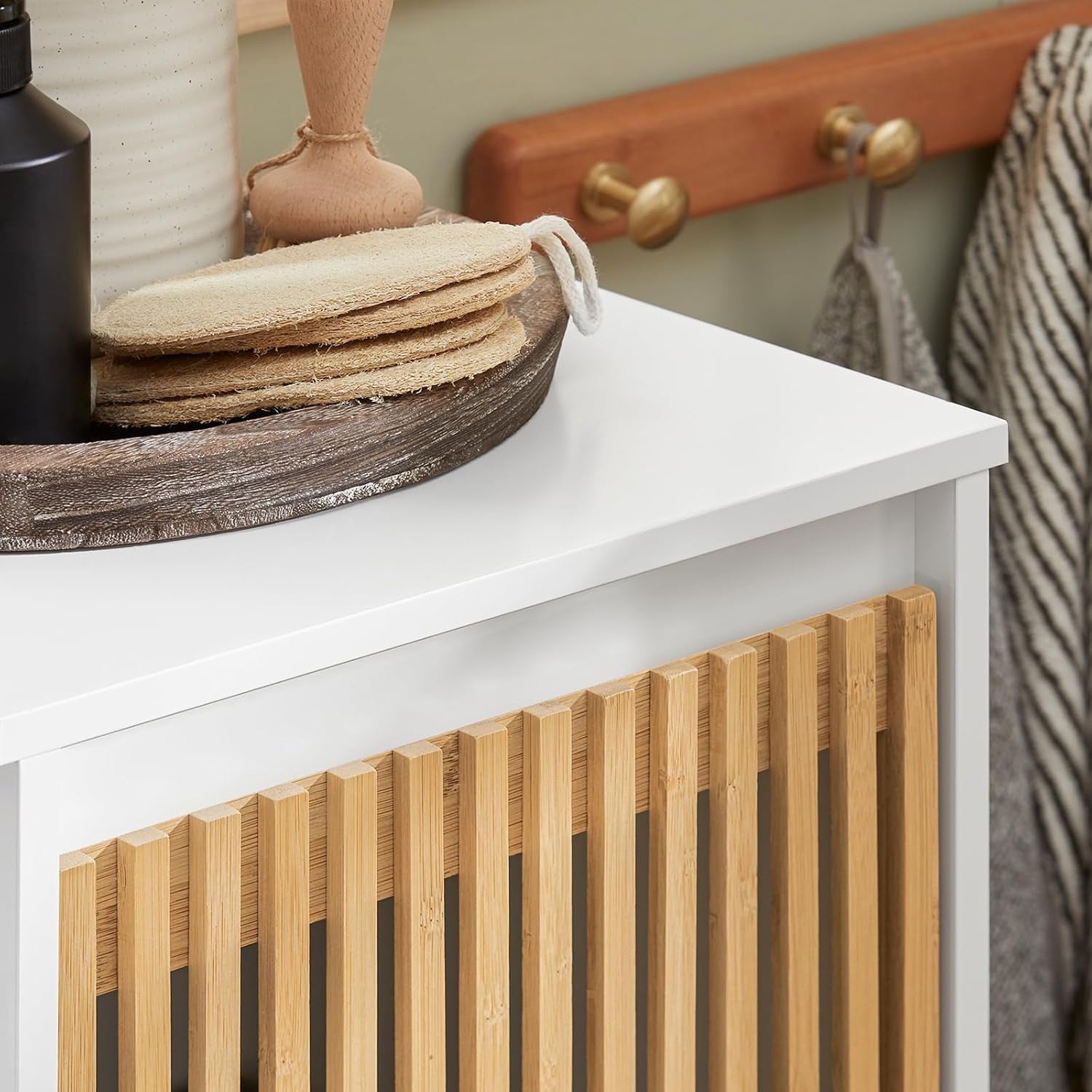 Slim Laundry Cabinet with Removable Basket Bathroom Storage Bamboo Door White