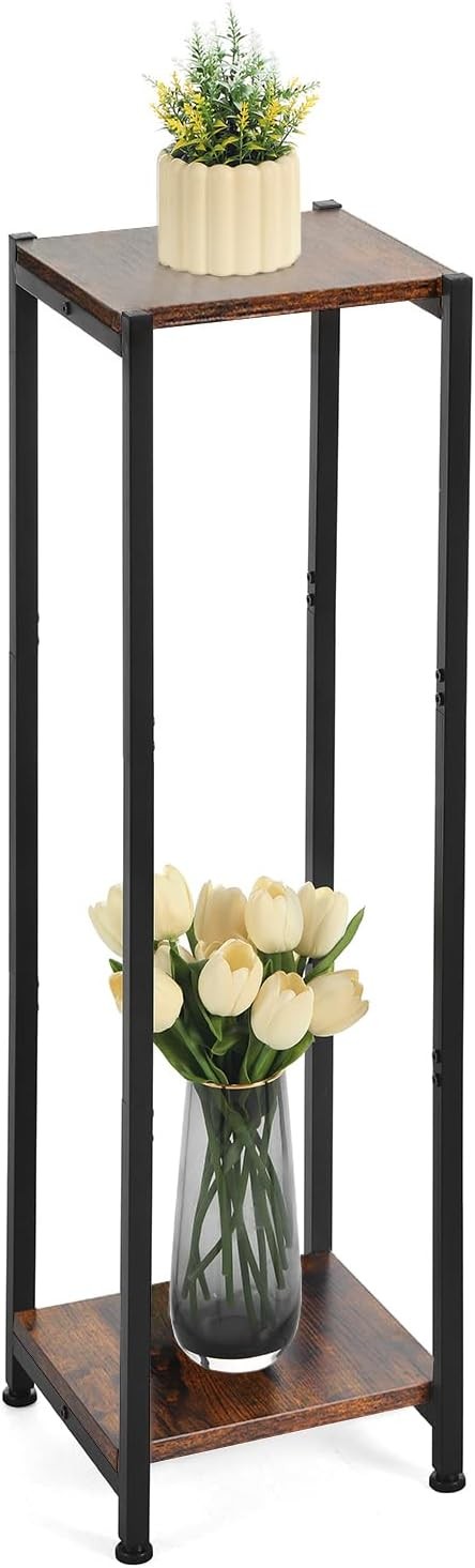 2 Tier Tall Metal Plant Stand Indoor Outdoor Display Rack Rustic Wood Shelf