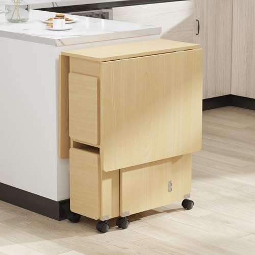 Folding Drop Leaf Dining Table with 4 Stools Space Saving Wheeled Design