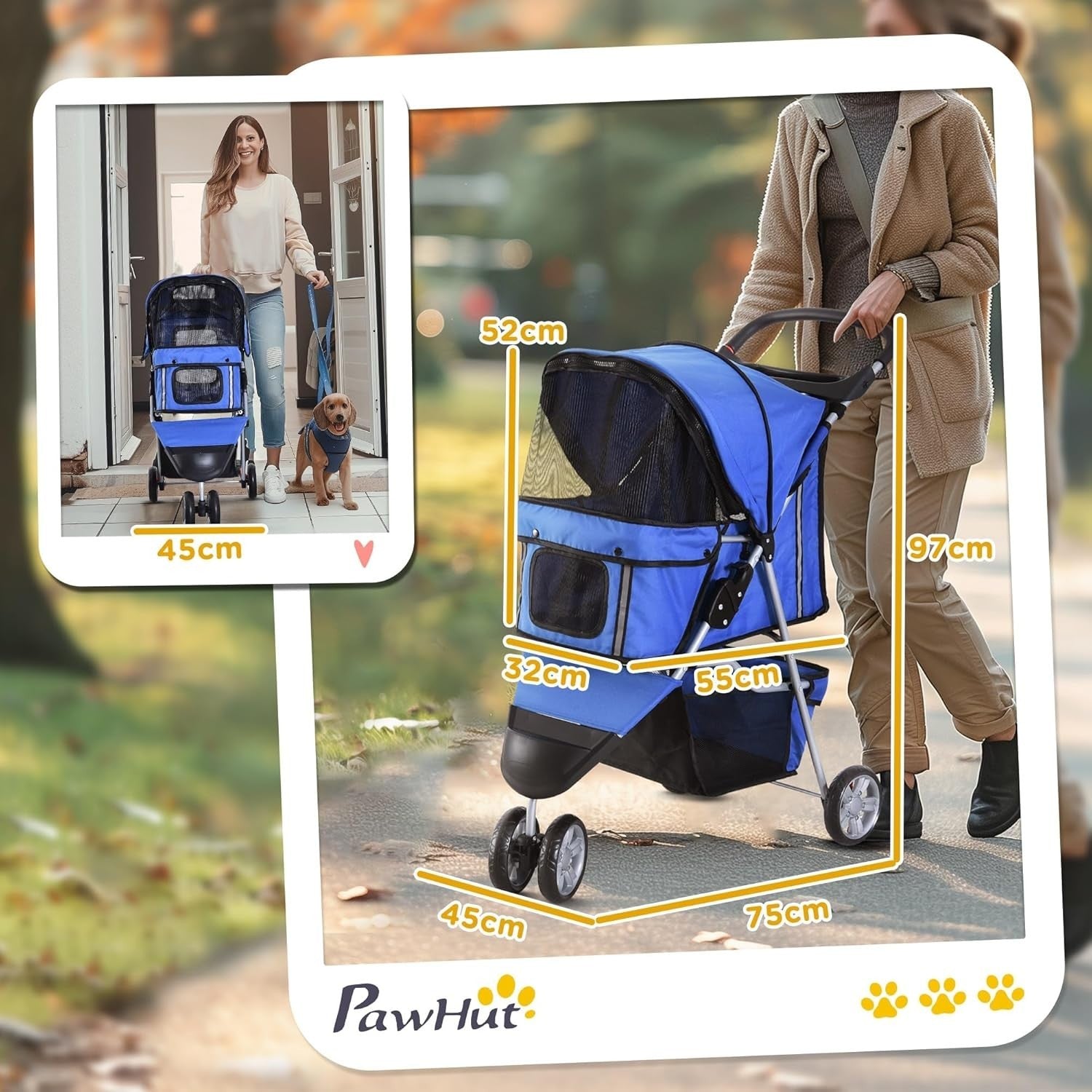 Dog Stroller Foldable 3-Wheel Pet Pram Small Dogs Cats Blue Lightweight