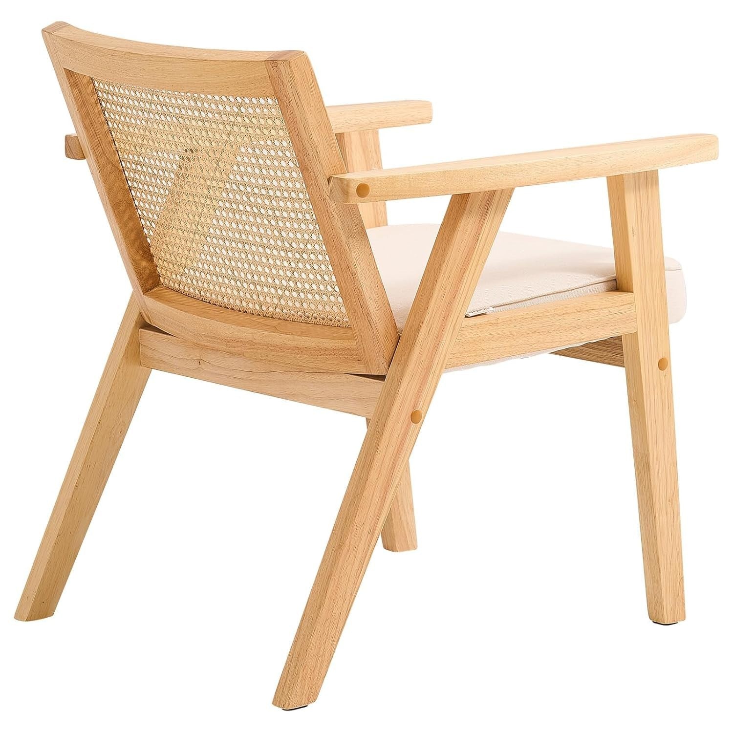 Rattan Armchair with Cushion Wooden Frame Modern Dining Lounge Chair Beige