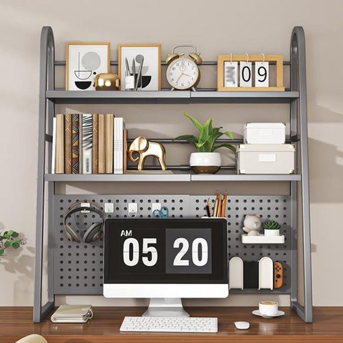 Expandable 2-Tier Desktop Bookshelf | Black Metal Desk Hutch w/ Pegboard 55–96cm