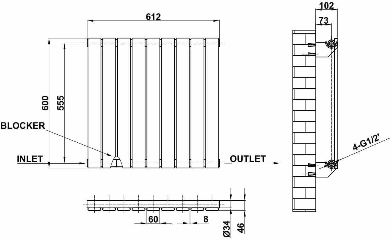 Horizontal White Flat Panel Radiator 600x612mm Modern Single Heating