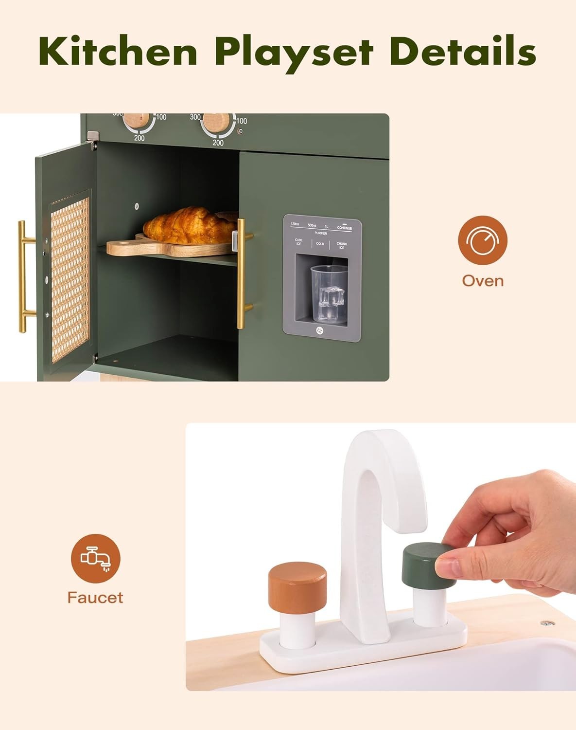 Wooden Kids Play Kitchen w/ Ice Dispenser Vintage Green Toy