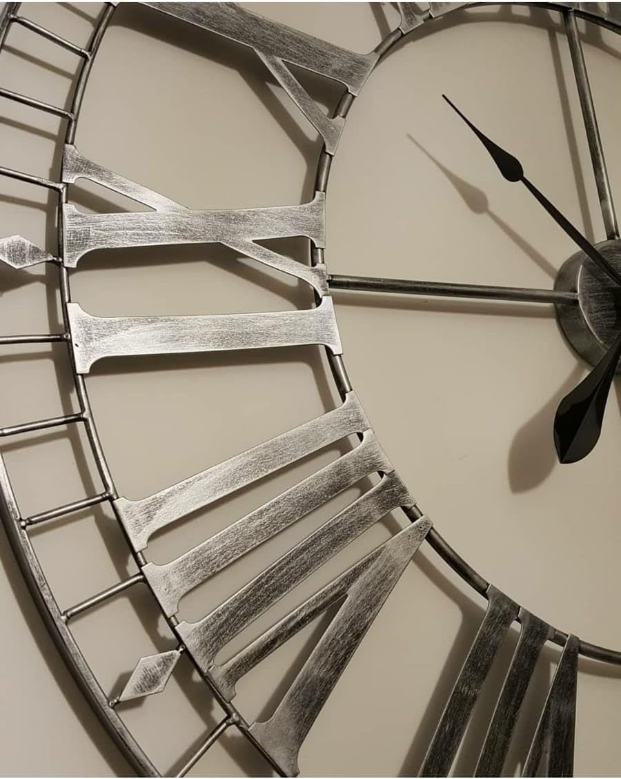 Extra Large 88cm Skeleton Wall Clock Rustic Silver Metal Roman Numerals Decor
