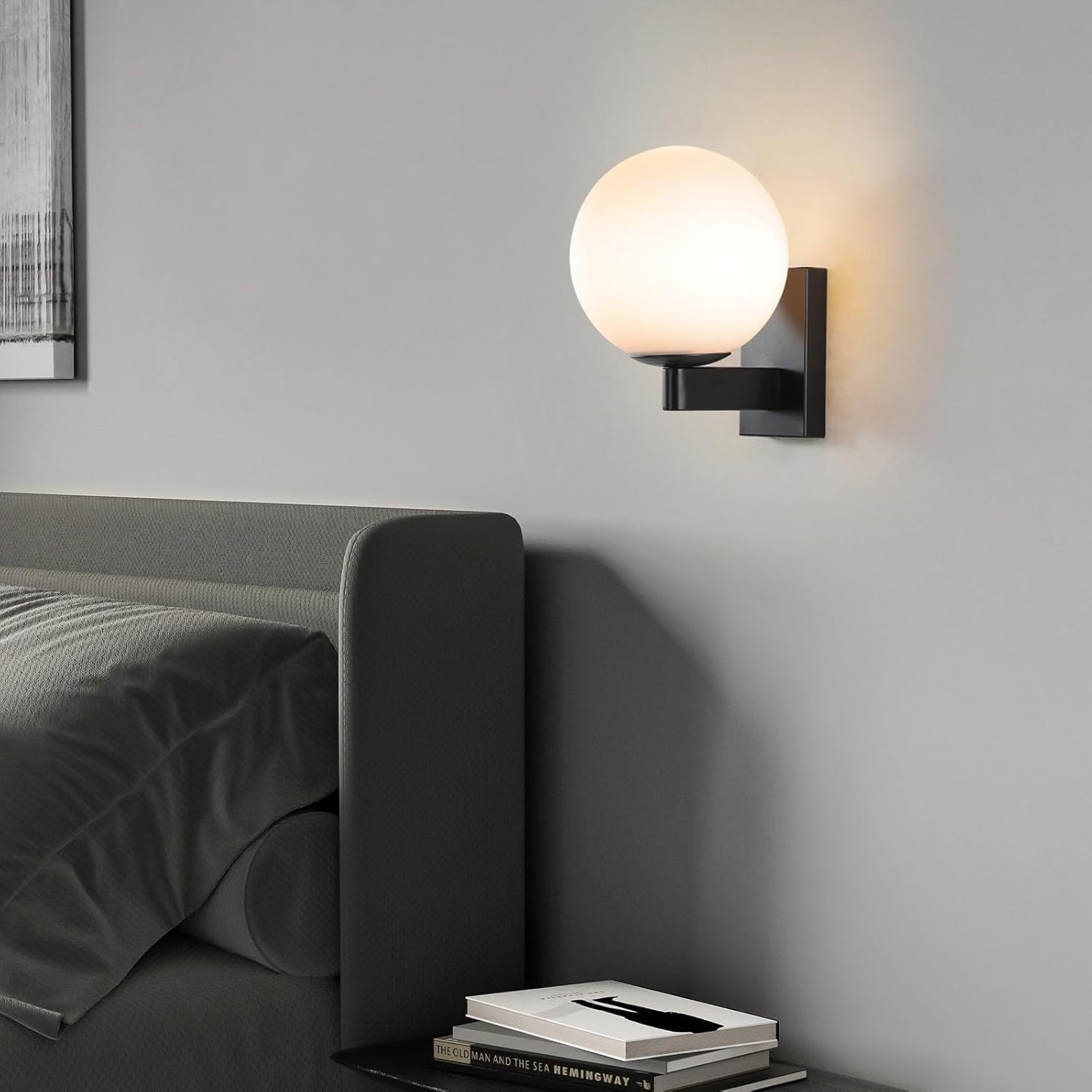 Minimalist Black Glass Globe Wall Light E27, Elegant Bedroom & Hallway