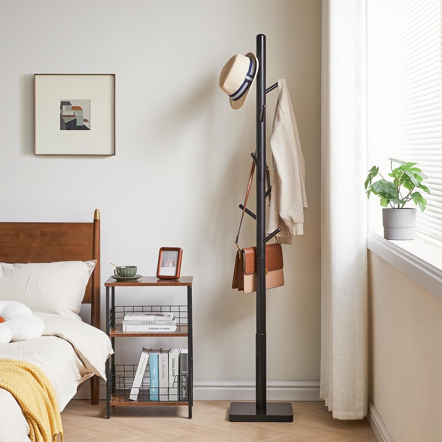 Modern Wooden Coat Rack Stand 8 Hooks Tall Hat Tree Organizer 176cm Black
