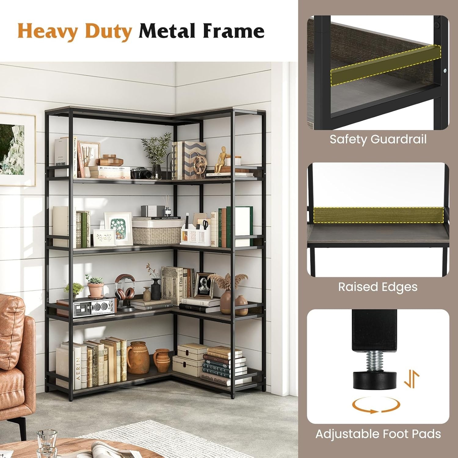 5-Tier L-Shaped Industrial Bookshelf Large Corner Storage Display Unit 180cm