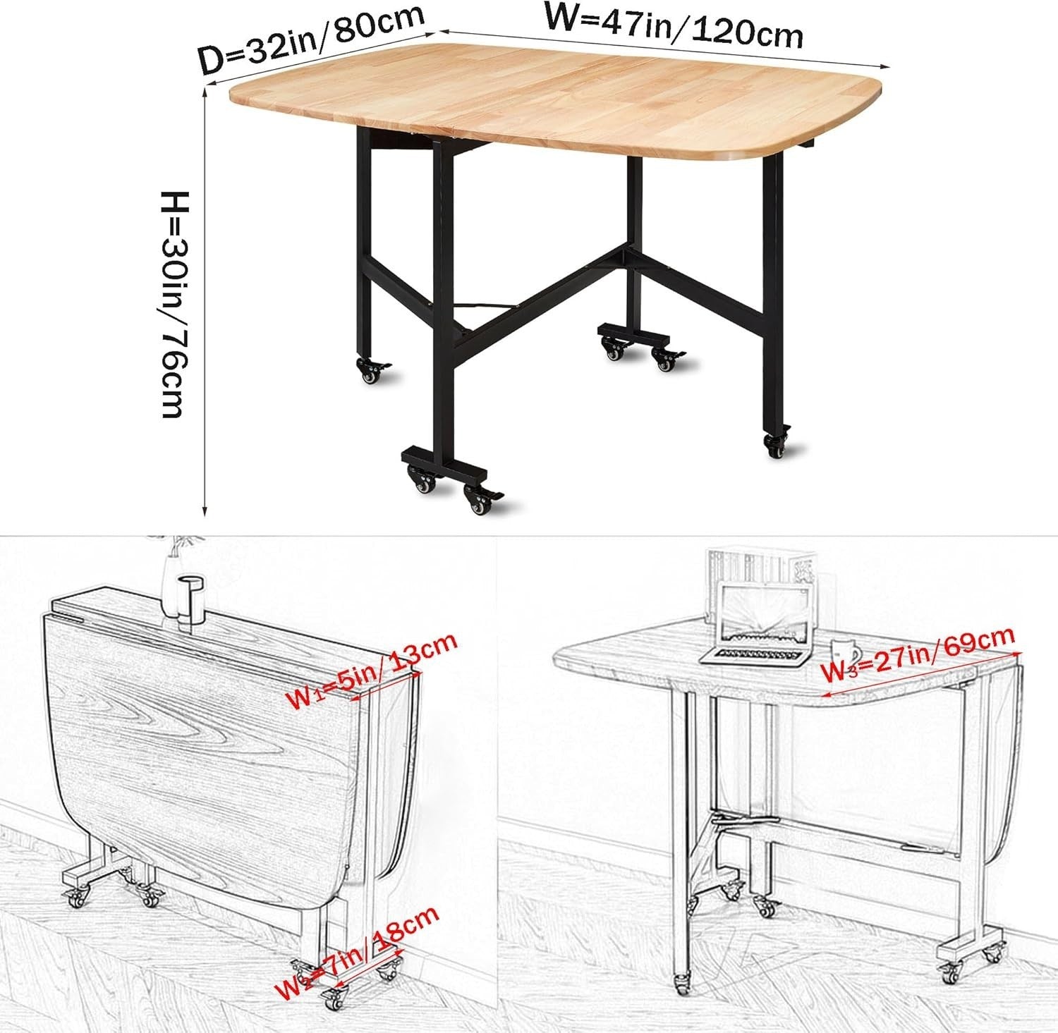 120CM Drop Leaf Folding Kitchen Table with 6 Lockable Wheels