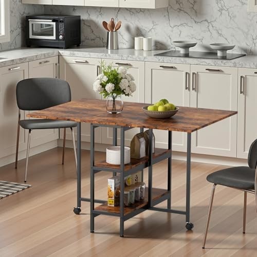 Brown Wooden Folding Drop Leaf Dining Table with Storage Shelves on Wheels