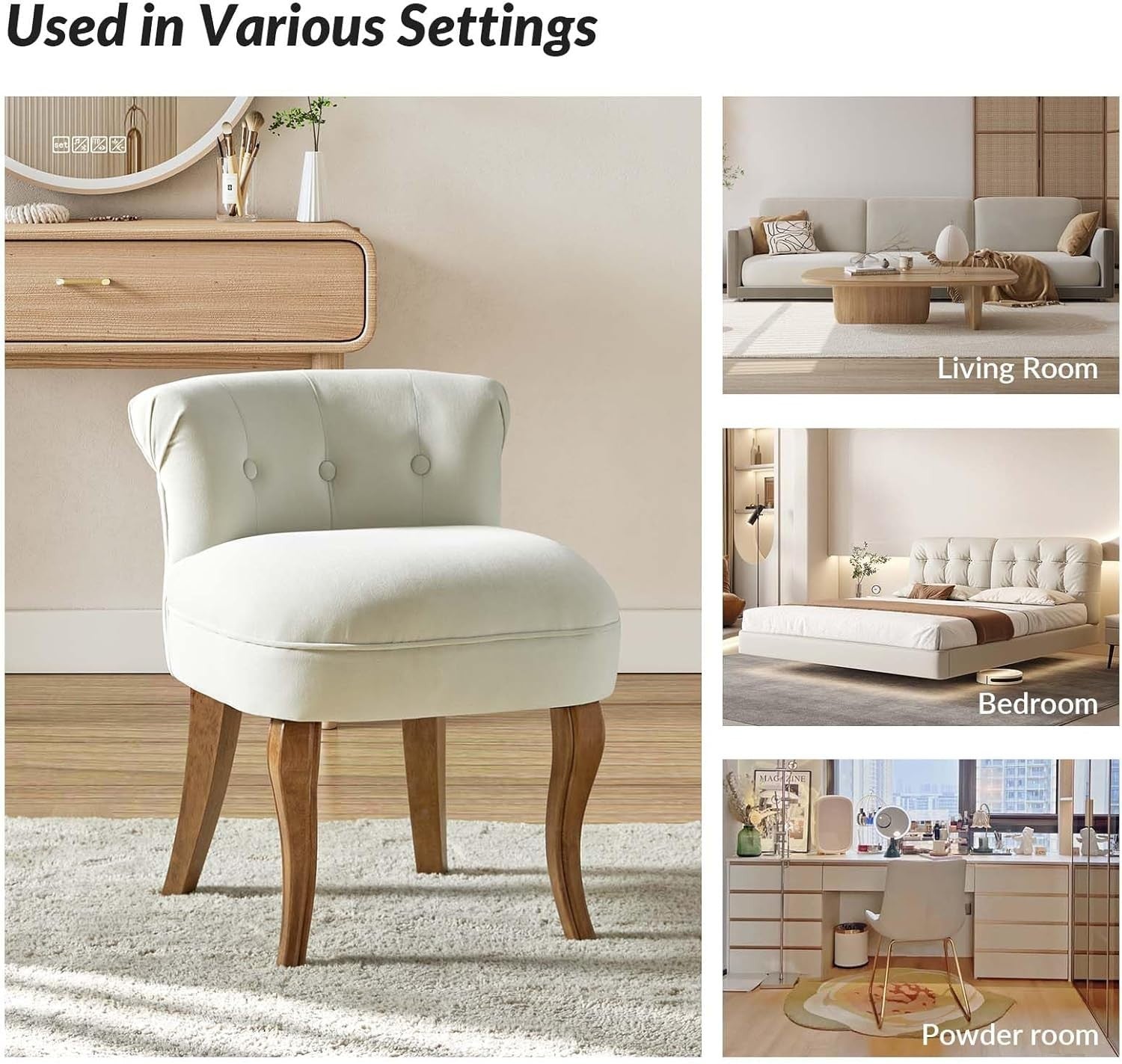 Ivory Velvet Vanity Stool – Low Back Upholstered Makeup Chair with Wood Legs