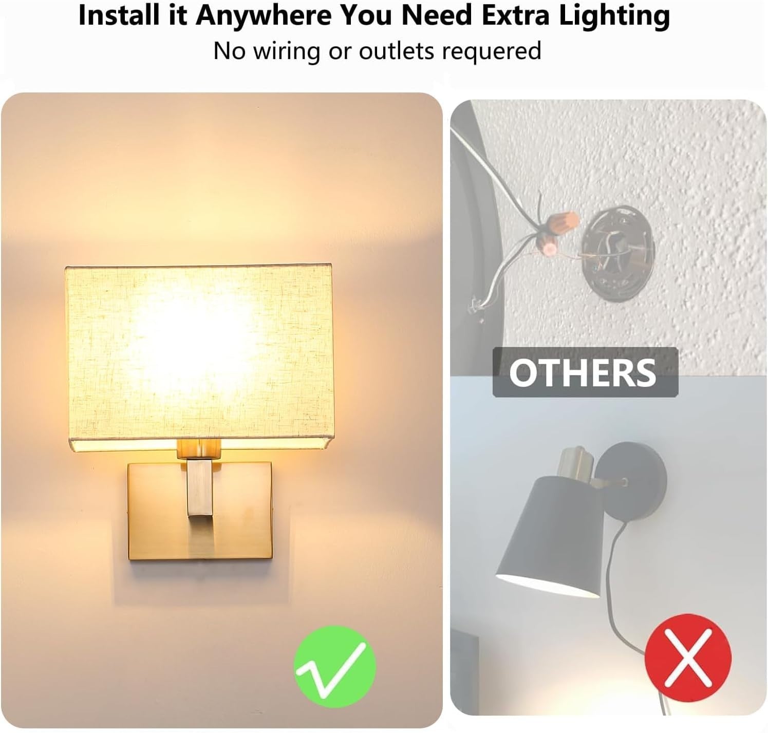 Gold Battery-Powered Wall Sconces with RGB Dimmable Light & Remote Control