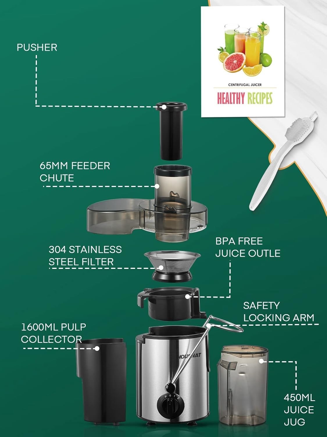 Centrifugal Juicer 800W Power 65mm Feed Chute 3 Speed Fast Juice Maker